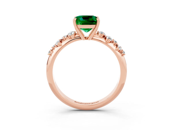 Rose gold Cushion Cut Emerald Cluster Side Stone Solitaire Ring with Prong Setting
