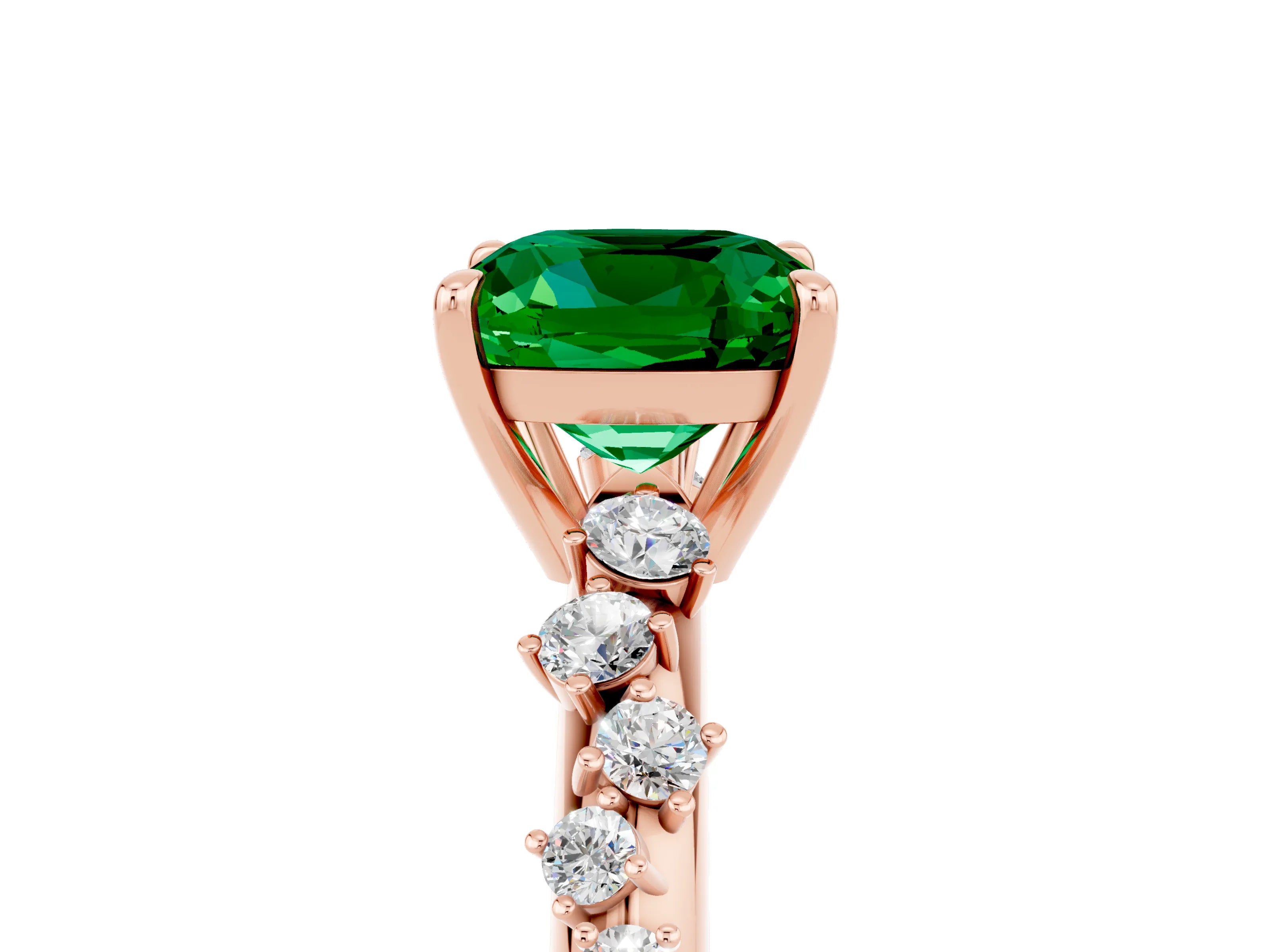Rose gold Cushion Cut Emerald Cluster Side Stone Solitaire Ring with Prong Setting_29