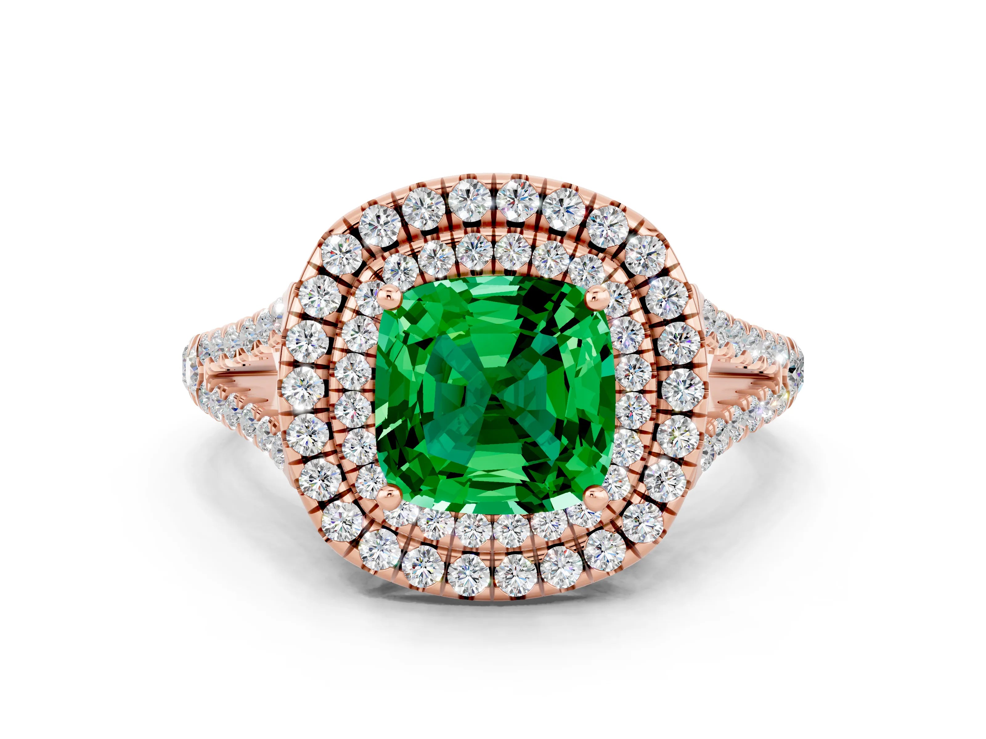 Rose gold Cushion Cut Emerald Double Halo Ring with Pavé Band and Prong Setting_12