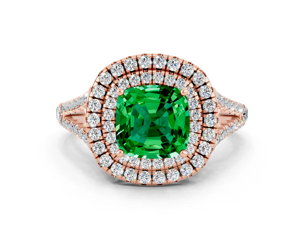 Rose gold Cushion Cut Emerald Double Halo Ring with Pavé Band and Prong Setting