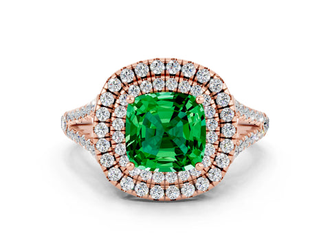 Rose gold Cushion Cut Emerald Double Halo Ring with Pavé Band and Prong Setting_12