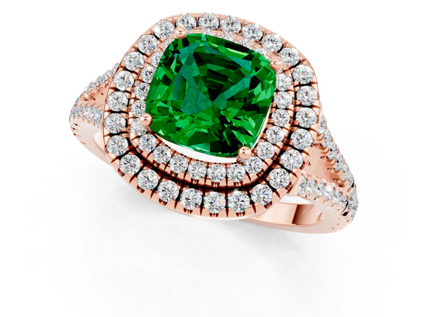 Rose gold Cushion Cut Emerald Double Halo Ring with Pavé Band and Prong Setting