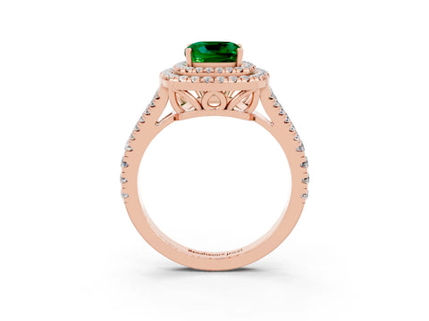 Rose gold Cushion Cut Emerald Double Halo Ring with Pavé Band and Prong Setting_15