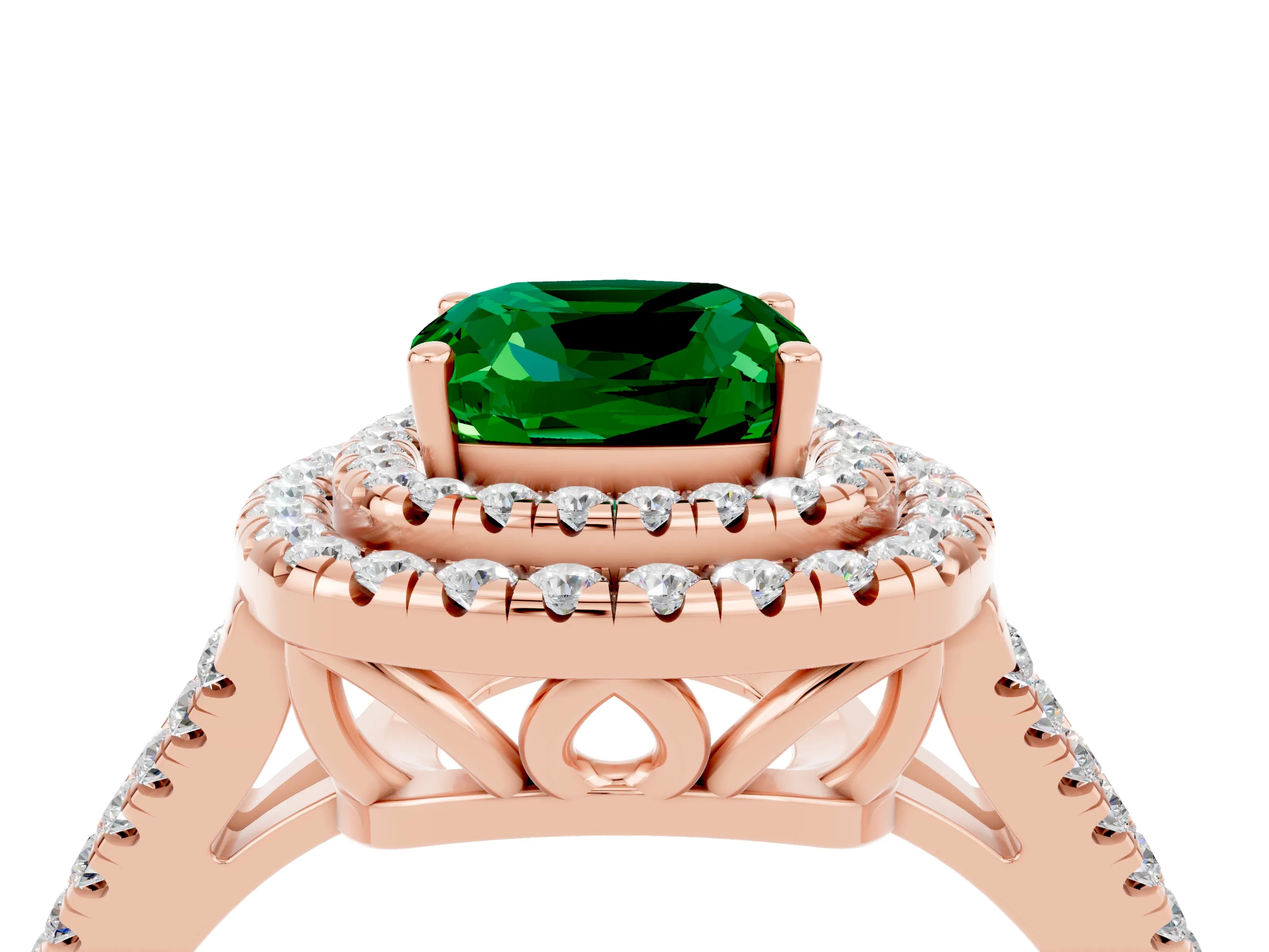Rose gold Cushion Cut Emerald Double Halo Ring with Pavé Band and Prong Setting_16