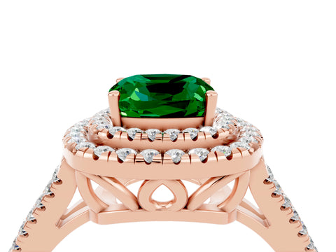 Rose gold Cushion Cut Emerald Double Halo Ring with Pavé Band and Prong Setting_16
