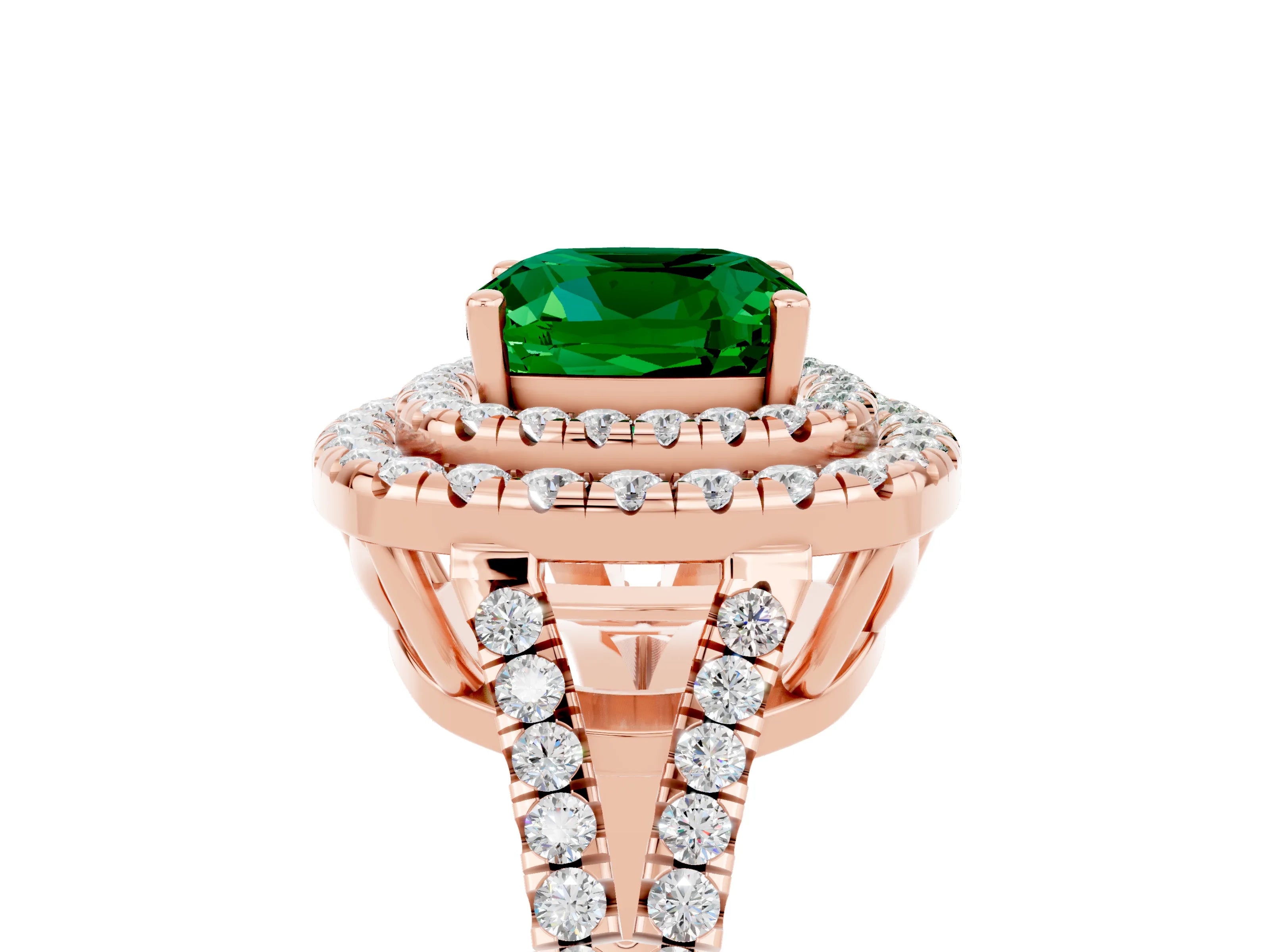 Rose gold Cushion Cut Emerald Double Halo Ring with Pavé Band and Prong Setting_17