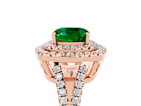Rose gold Cushion Cut Emerald Double Halo Ring with Pavé Band and Prong Setting_17