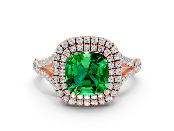 Rose gold Cushion Cut Emerald Double Halo Ring with Split Shank and Prong Setting