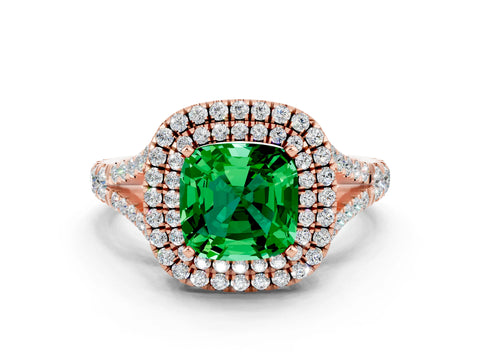 Rose gold Cushion Cut Emerald Double Halo Ring with Split Shank and Prong Setting_12