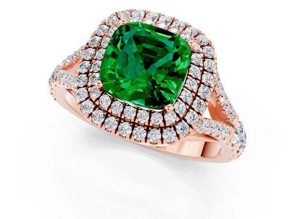 Rose gold Cushion Cut Emerald Double Halo Ring with Split Shank and Prong Setting