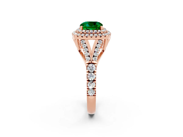 Rose gold Cushion Cut Emerald Double Halo Ring with Split Shank and Prong Setting