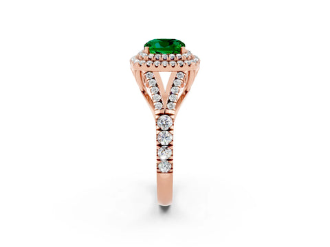 Rose gold Cushion Cut Emerald Double Halo Ring with Split Shank and Prong Setting_14
