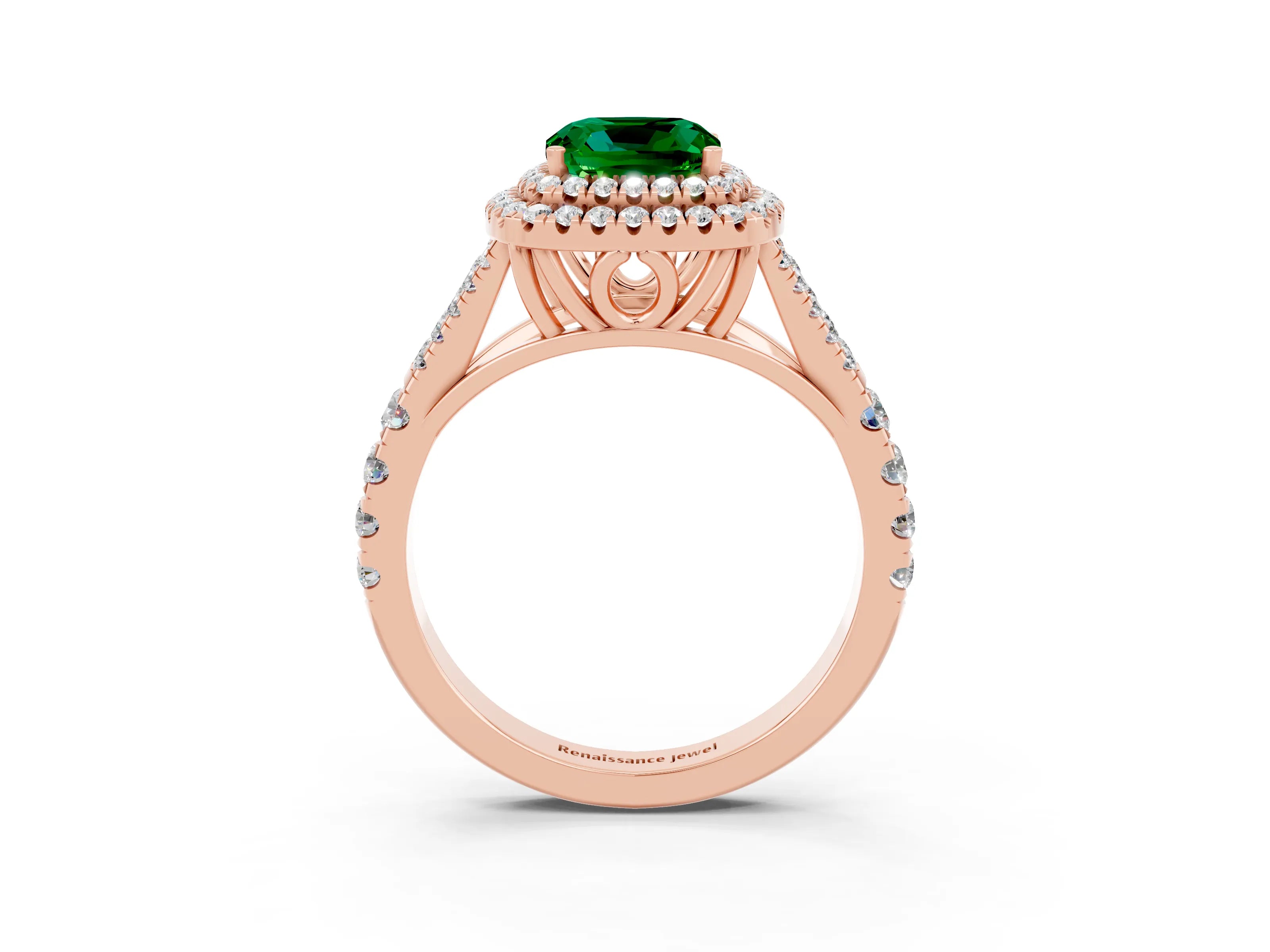 Rose gold Cushion Cut Emerald Double Halo Ring with Split Shank and Prong Setting_15