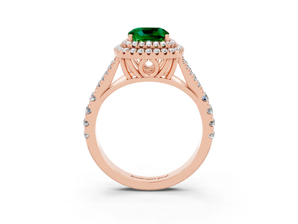 Rose gold Cushion Cut Emerald Double Halo Ring with Split Shank and Prong Setting