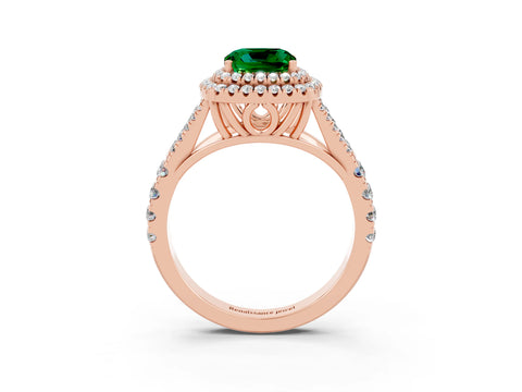 Rose gold Cushion Cut Emerald Double Halo Ring with Split Shank and Prong Setting_15
