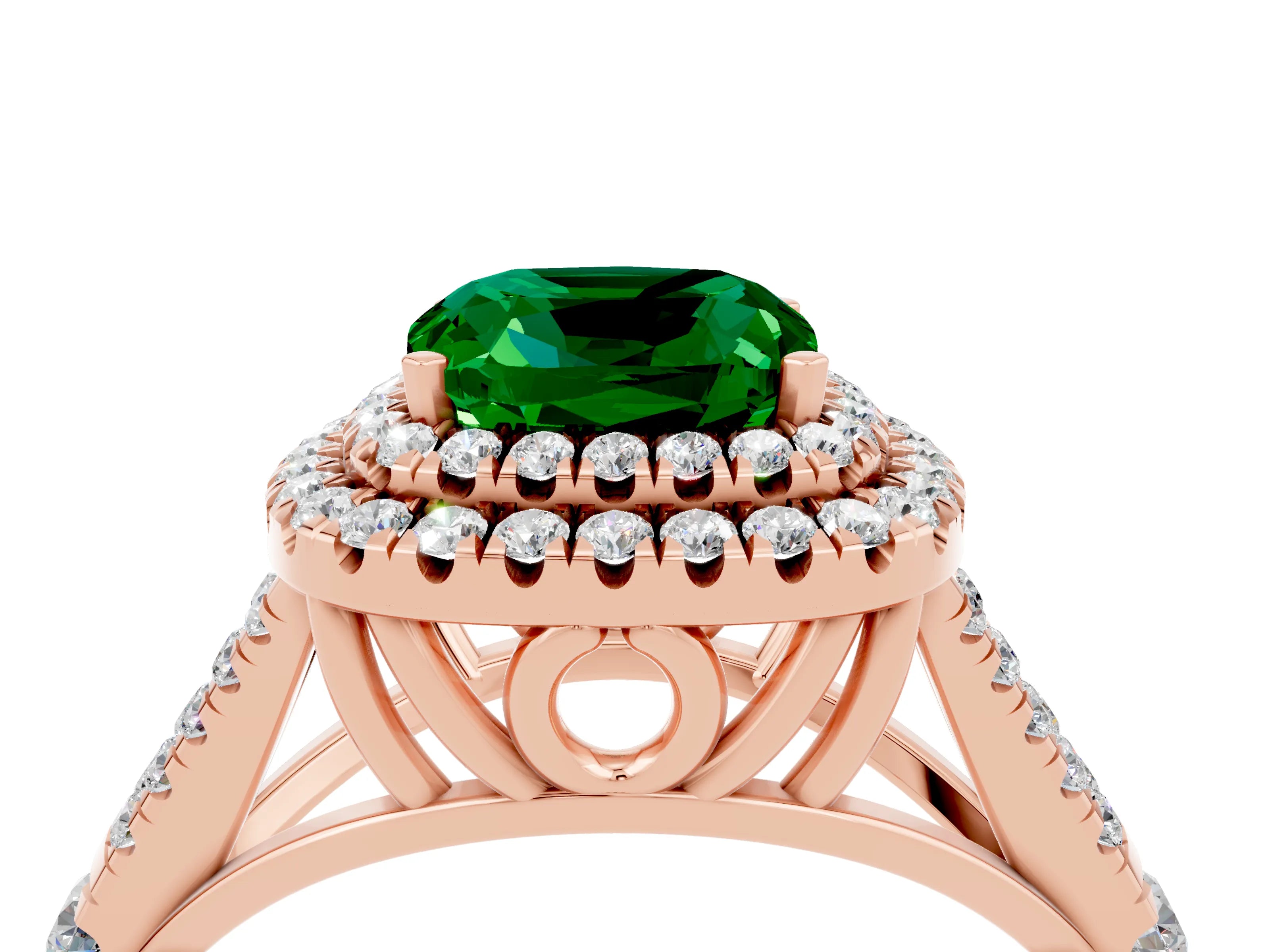 Rose gold Cushion Cut Emerald Double Halo Ring with Split Shank and Prong Setting_16