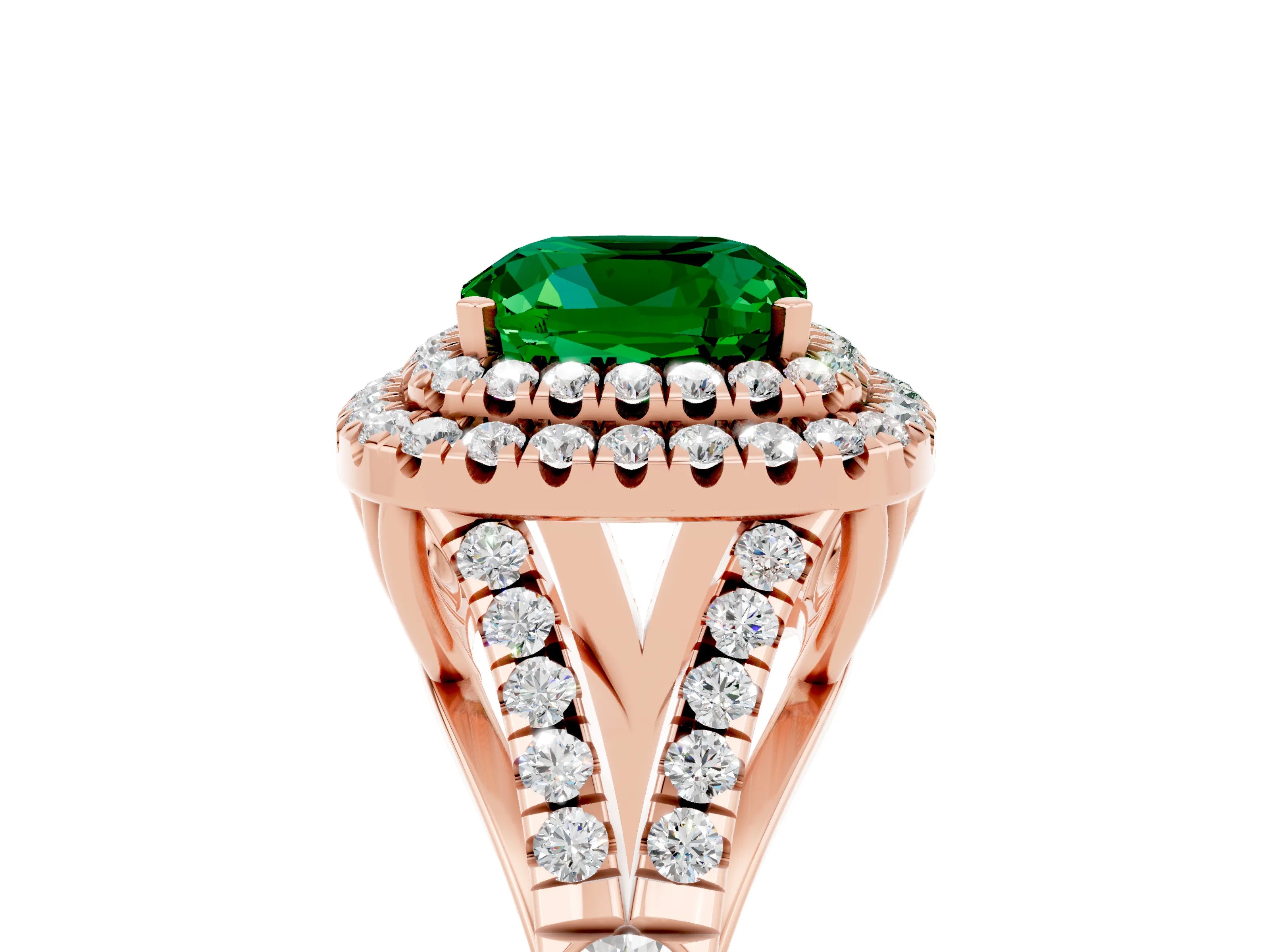 Rose gold Cushion Cut Emerald Double Halo Ring with Split Shank and Prong Setting_17