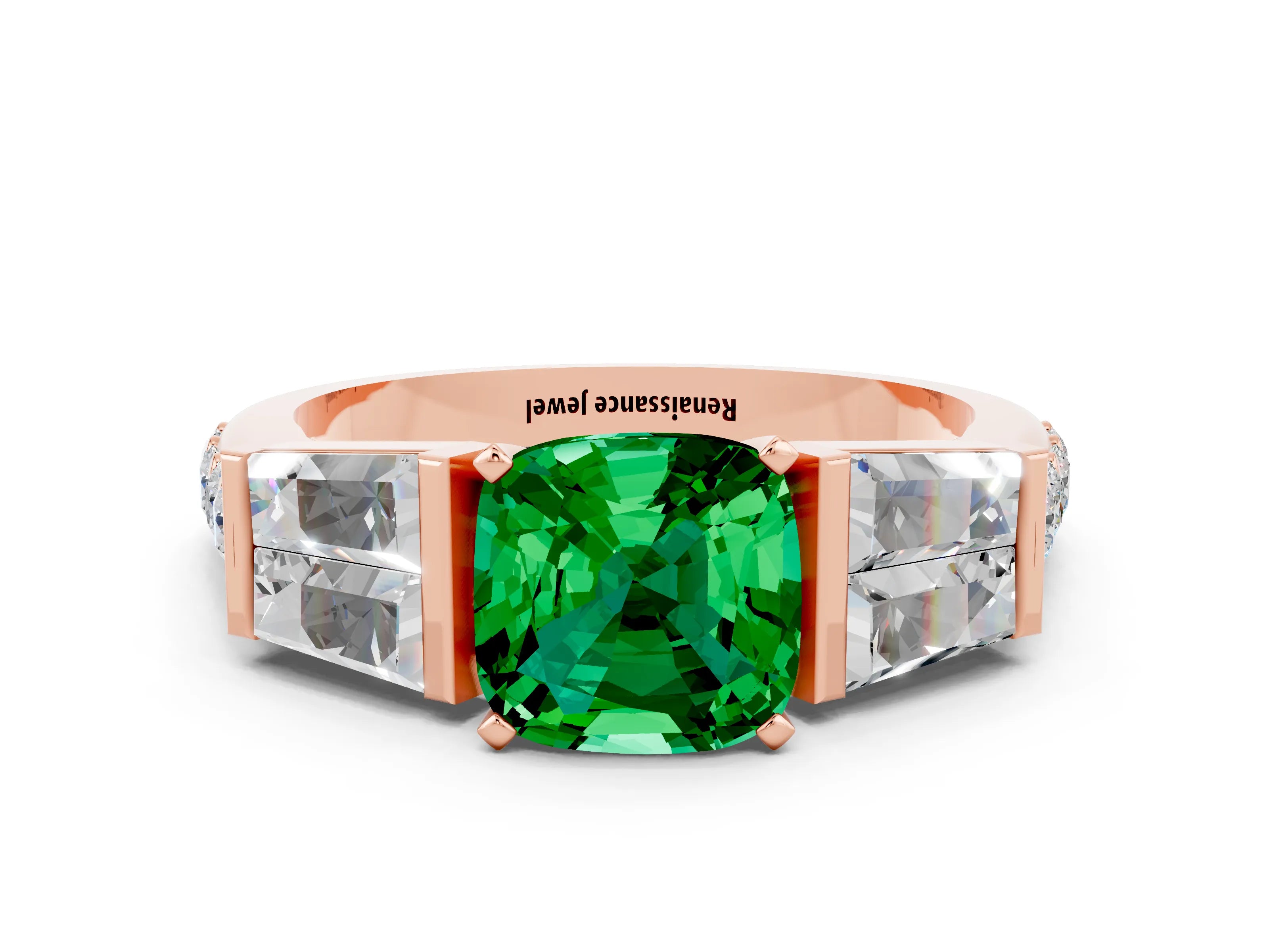 Rose gold Cushion Cut Emerald Engagement Ring with Baguette Side Stones and Channel Set Band