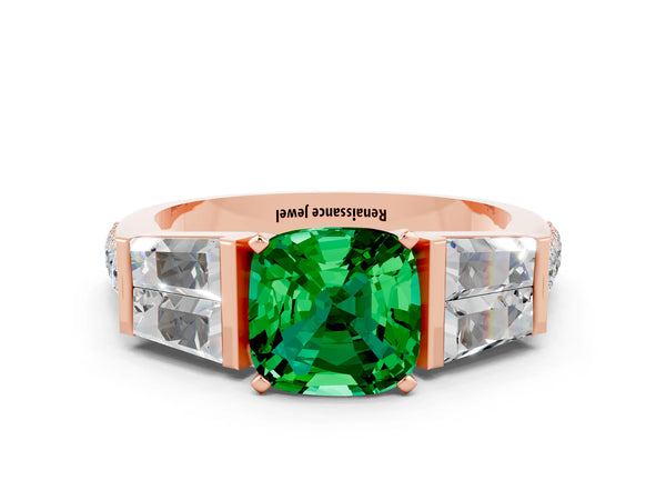 Rose gold Cushion Cut Emerald Engagement Ring with Baguette Side Stones and Channel Set Band