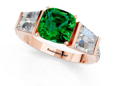 Rose gold Cushion Cut Emerald Engagement Ring with Baguette Side Stones and Channel Set Band_1