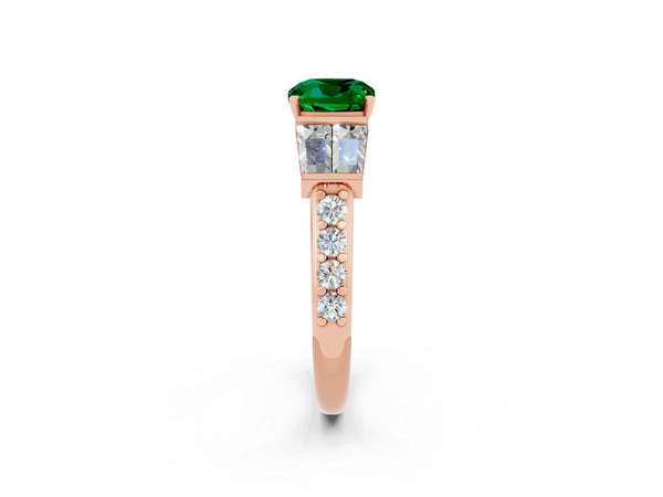 Rose gold Cushion Cut Emerald Engagement Ring with Baguette Side Stones and Channel Set Band