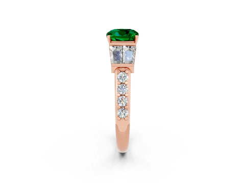 Rose gold Cushion Cut Emerald Engagement Ring with Baguette Side Stones and Channel Set Band_2