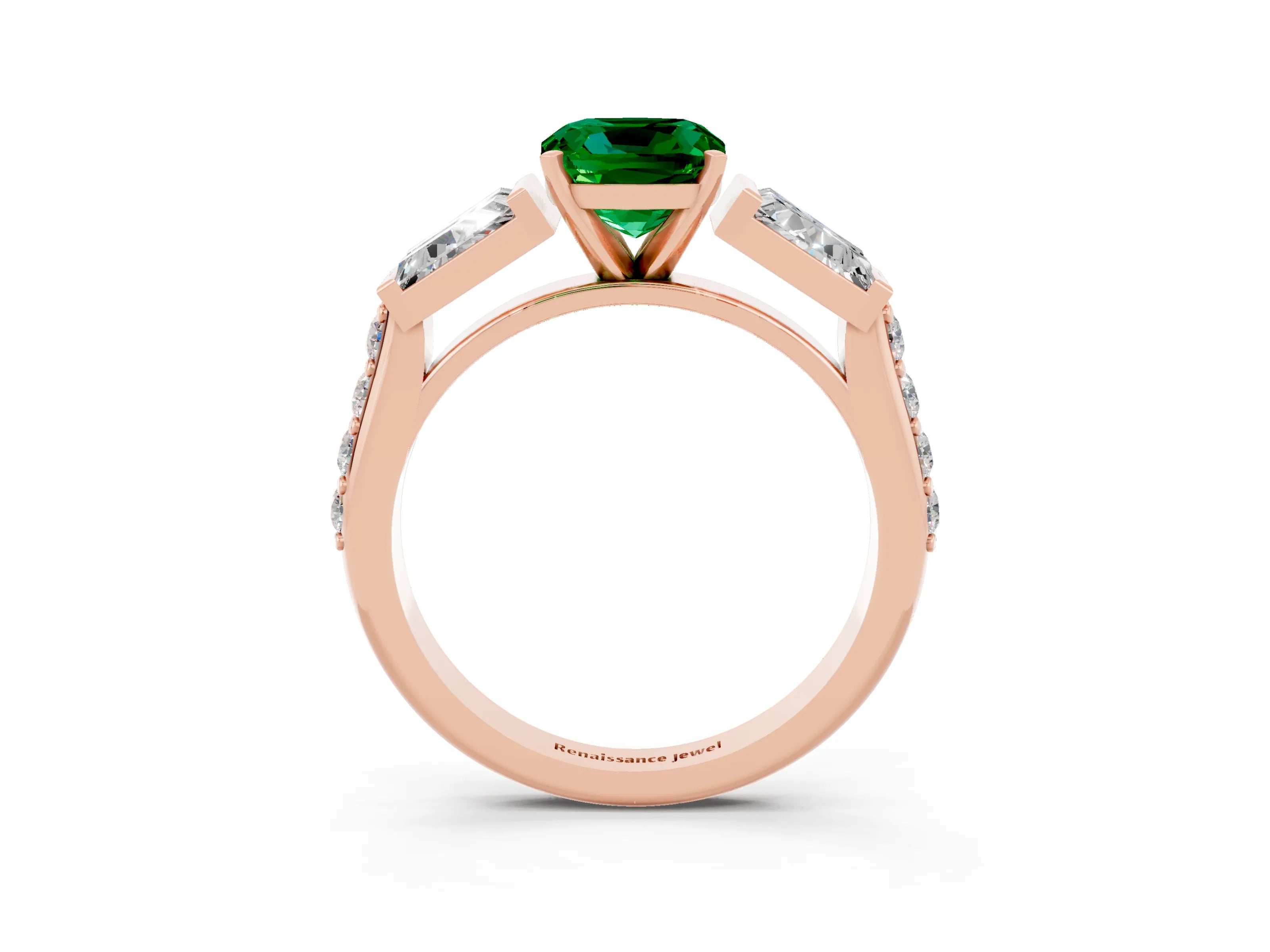 Rose gold Cushion Cut Emerald Engagement Ring with Baguette Side Stones and Channel Set Band_3