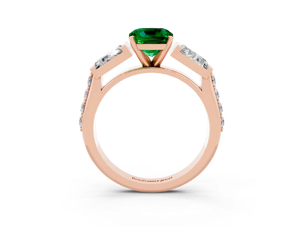 Rose gold Cushion Cut Emerald Engagement Ring with Baguette Side Stones and Channel Set Band
