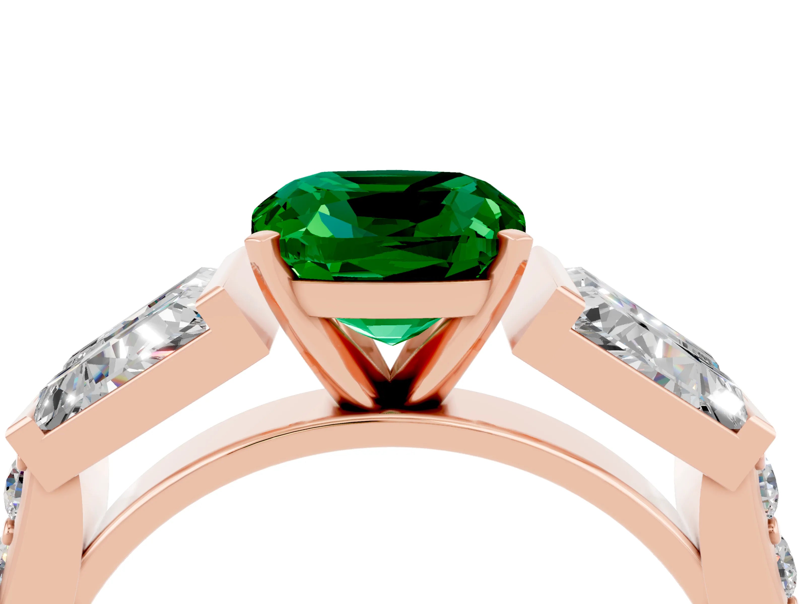 Rose gold Cushion Cut Emerald Engagement Ring with Baguette Side Stones and Channel Set Band_4