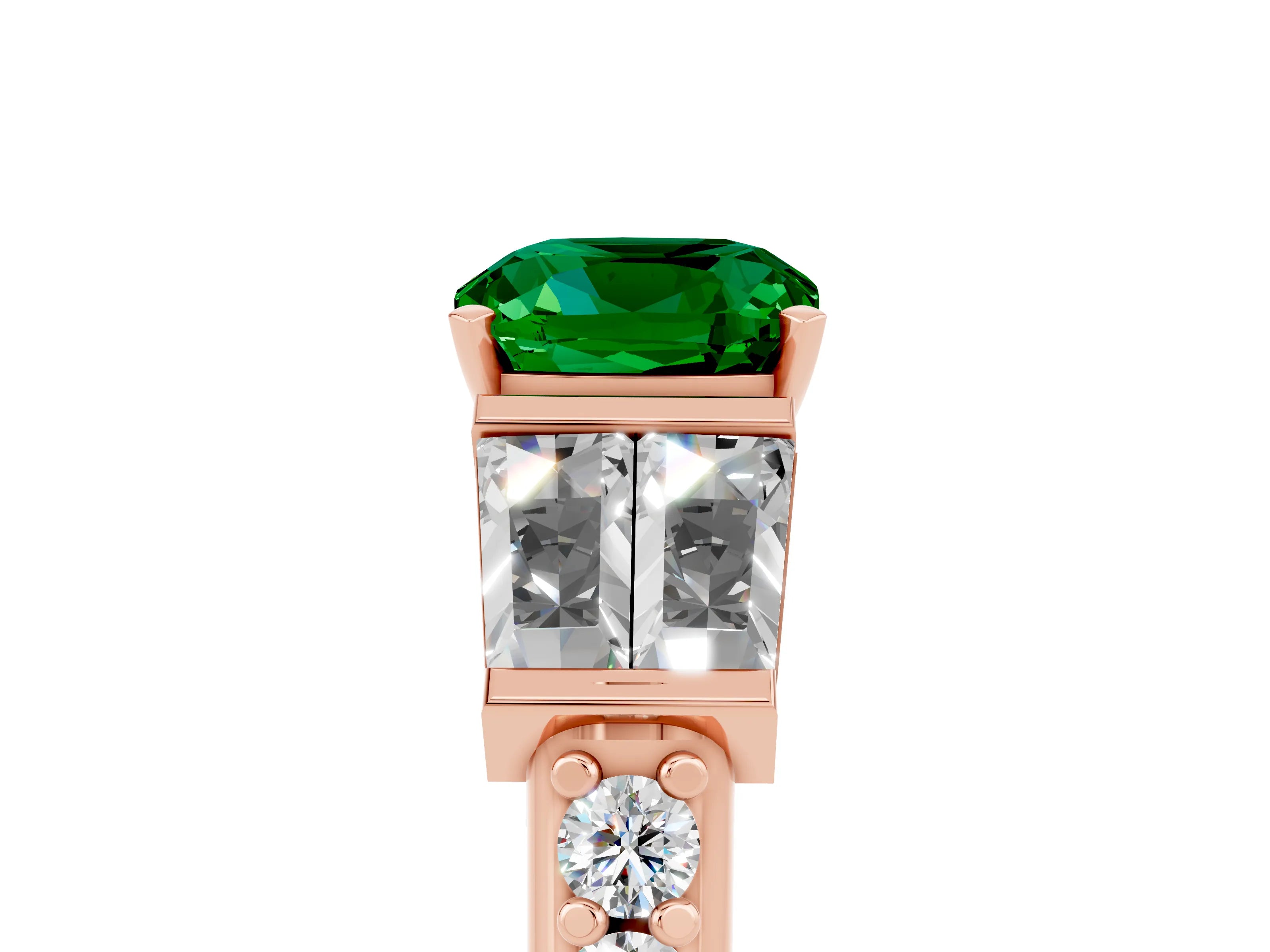 Rose gold Cushion Cut Emerald Engagement Ring with Baguette Side Stones and Channel Set Band_5