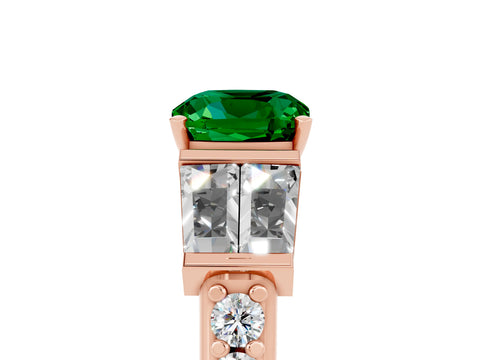Rose gold Cushion Cut Emerald Engagement Ring with Baguette Side Stones and Channel Set Band_5