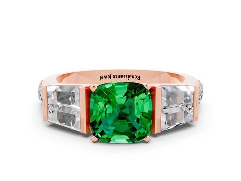 Rose gold Cushion Cut Emerald Engagement Ring with Baguette Side Stones and Channel Set Band