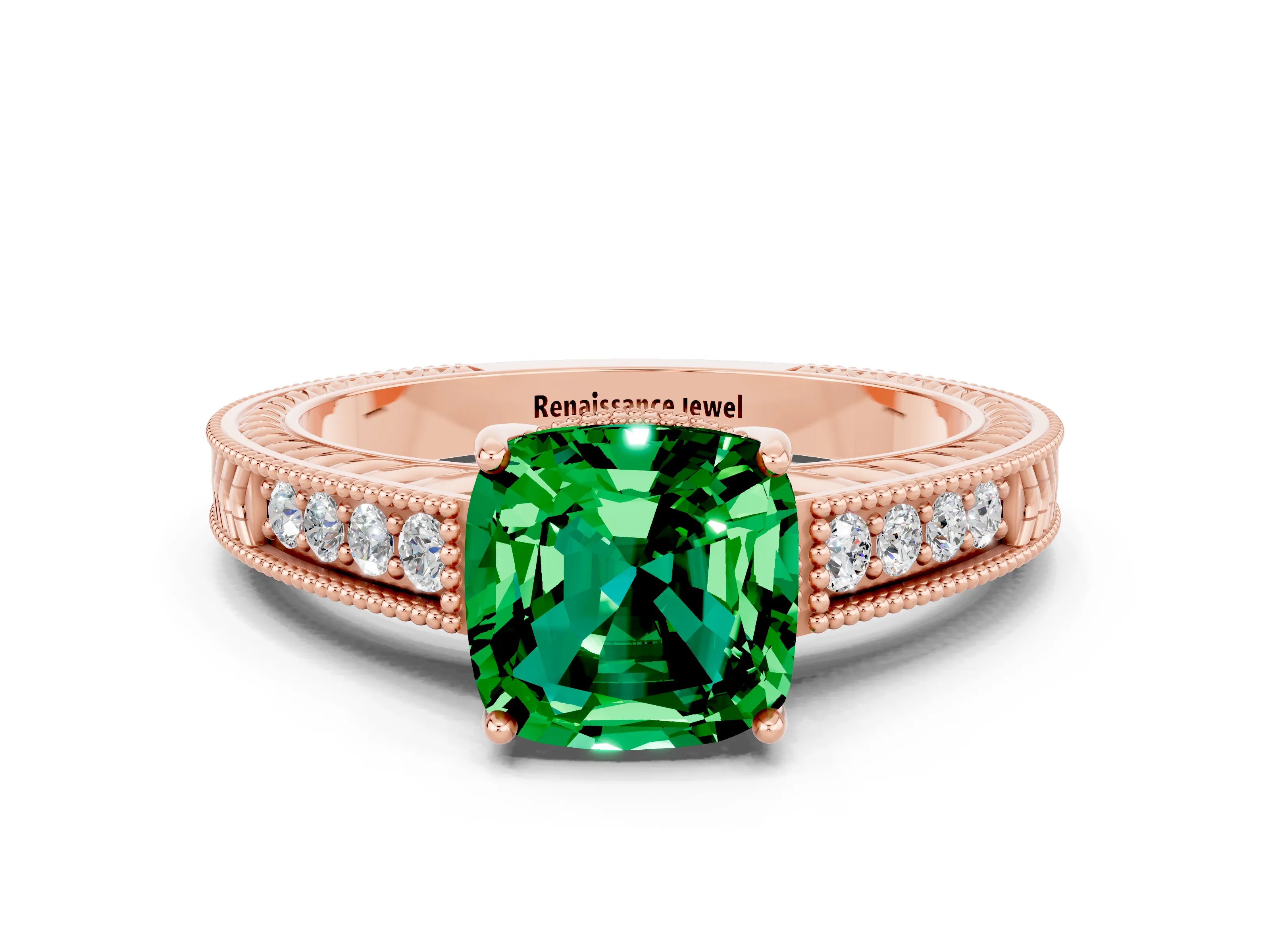 Rose gold Cushion Cut Emerald Engagement Ring with Milgrain Channel Set Band and Prong Setting