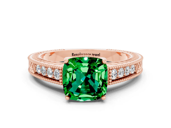Rose gold Cushion Cut Emerald Engagement Ring with Milgrain Channel Set Band and Prong Setting