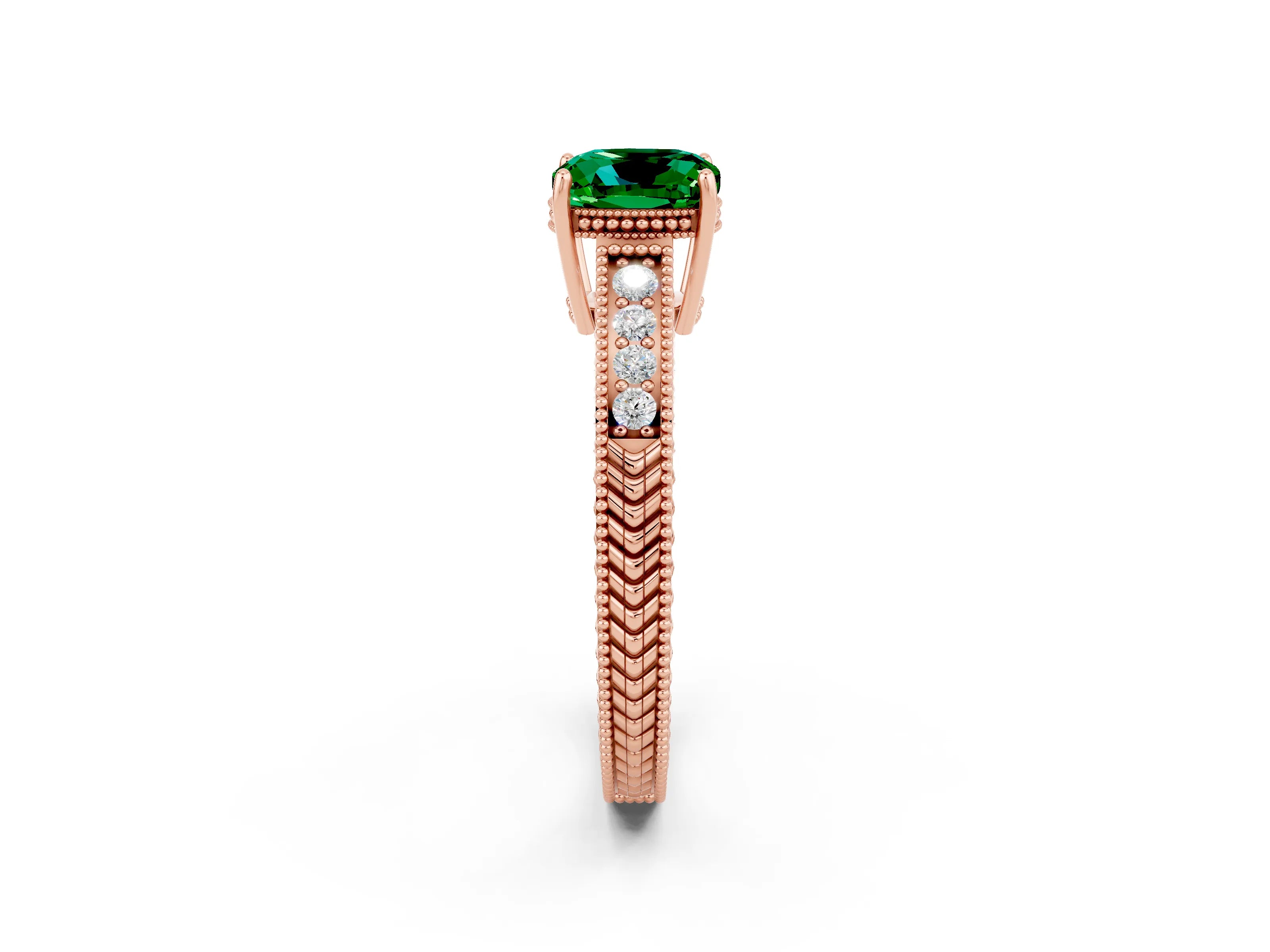 Rose gold Cushion Cut Emerald Engagement Ring with Milgrain Channel Set Band and Prong Setting_2