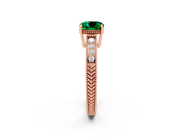 Rose gold Cushion Cut Emerald Engagement Ring with Milgrain Channel Set Band and Prong Setting