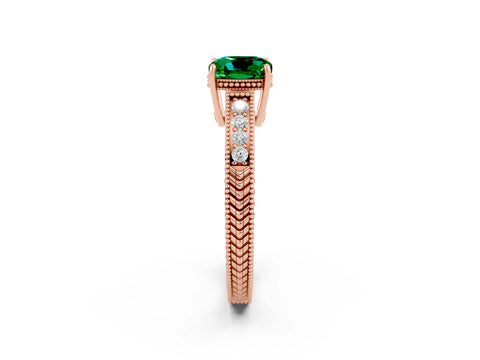Rose gold Cushion Cut Emerald Engagement Ring with Milgrain Channel Set Band and Prong Setting_2