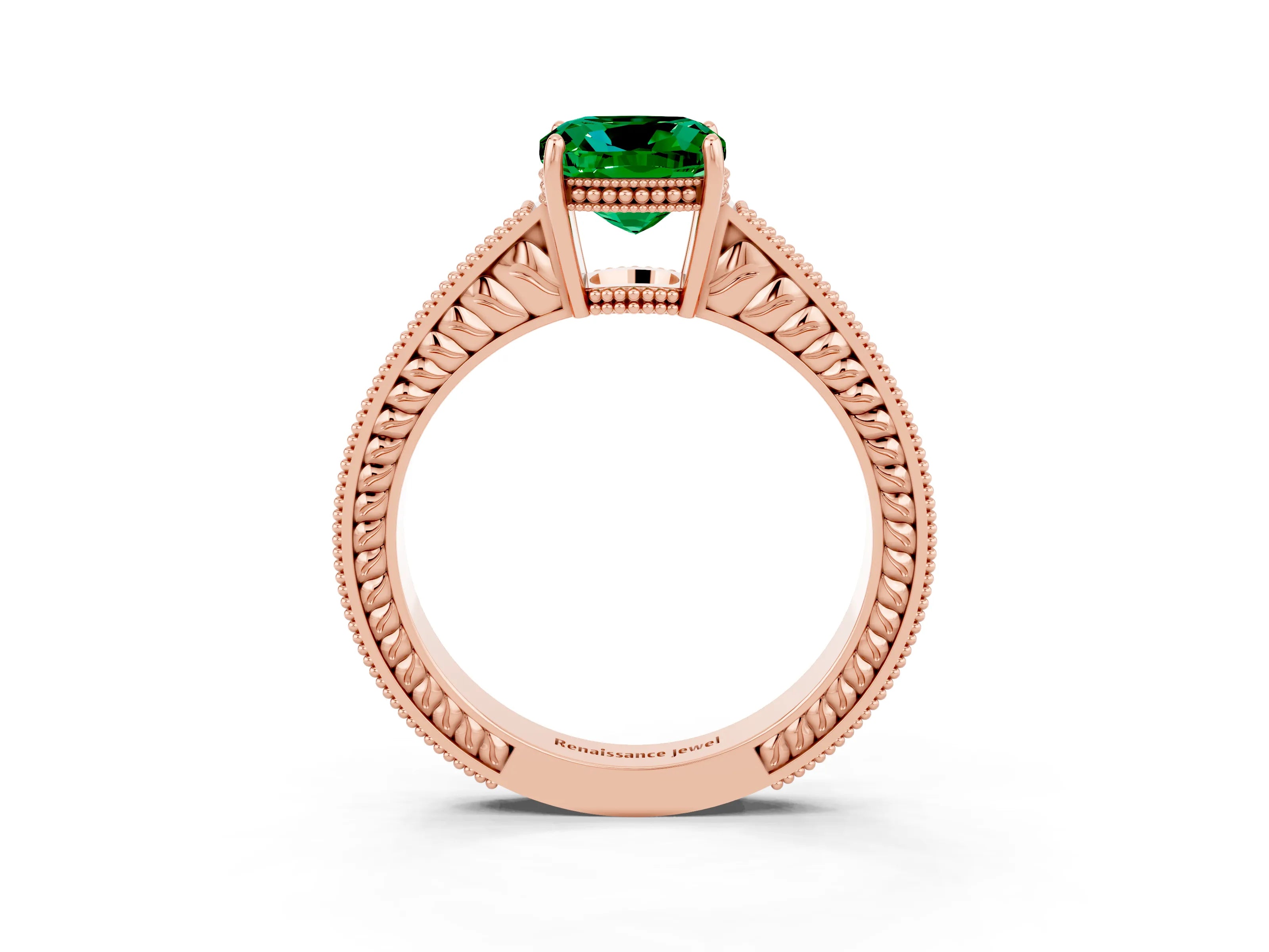 Rose gold Cushion Cut Emerald Engagement Ring with Milgrain Channel Set Band and Prong Setting_3