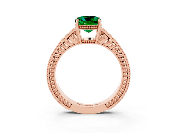Rose gold Cushion Cut Emerald Engagement Ring with Milgrain Channel Set Band and Prong Setting