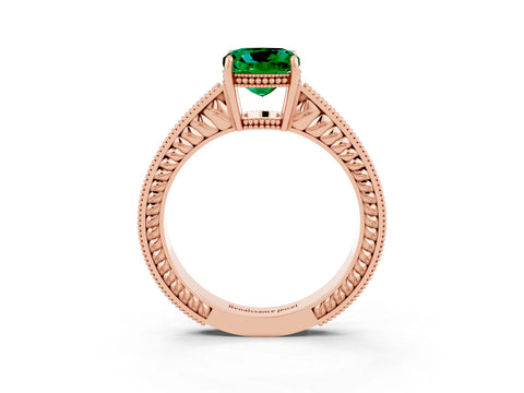Rose gold Cushion Cut Emerald Engagement Ring with Milgrain Channel Set Band and Prong Setting_3