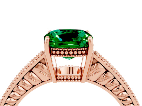 Rose gold Cushion Cut Emerald Engagement Ring with Milgrain Channel Set Band and Prong Setting_4