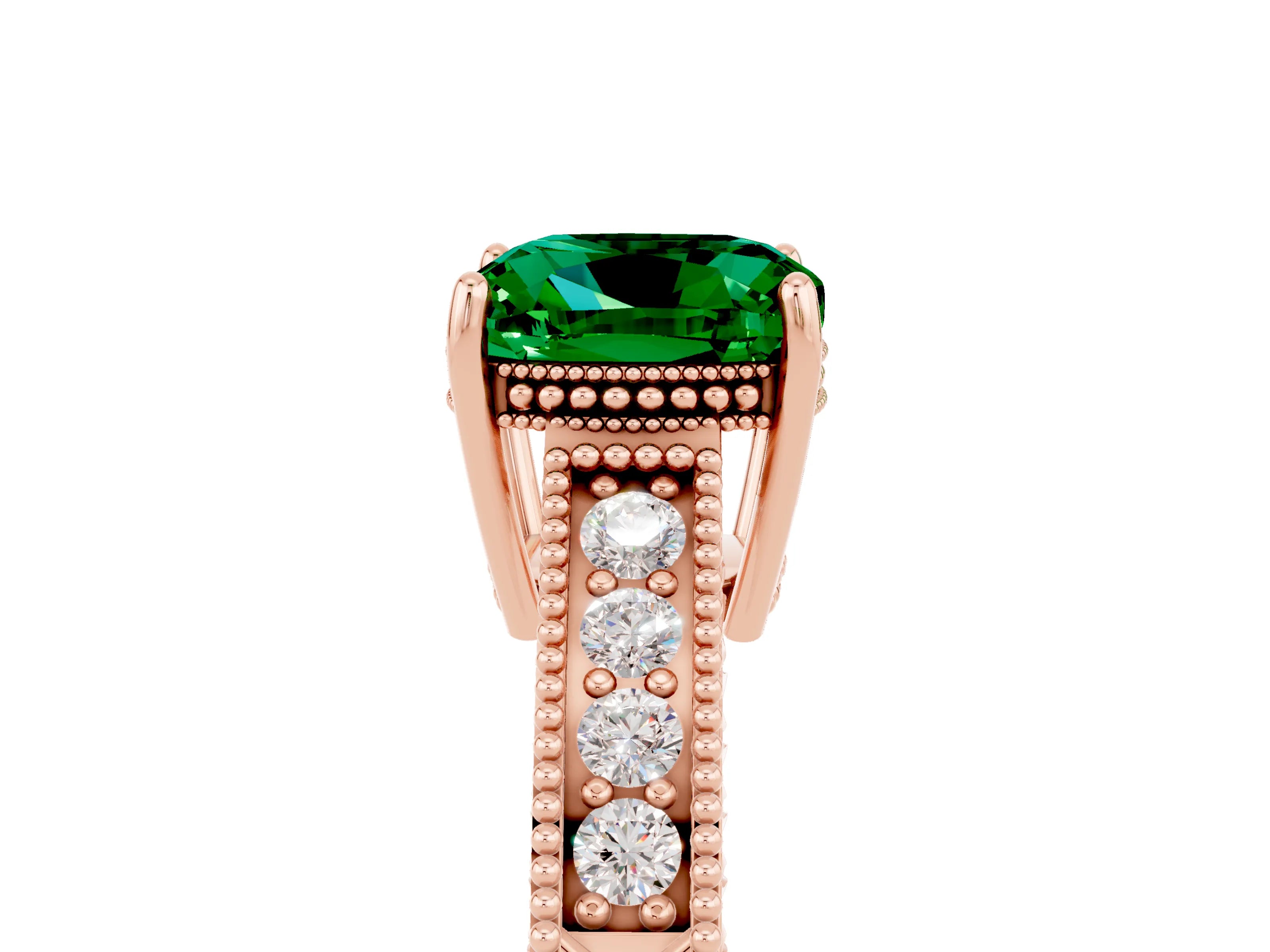 Rose gold Cushion Cut Emerald Engagement Ring with Milgrain Channel Set Band and Prong Setting_5