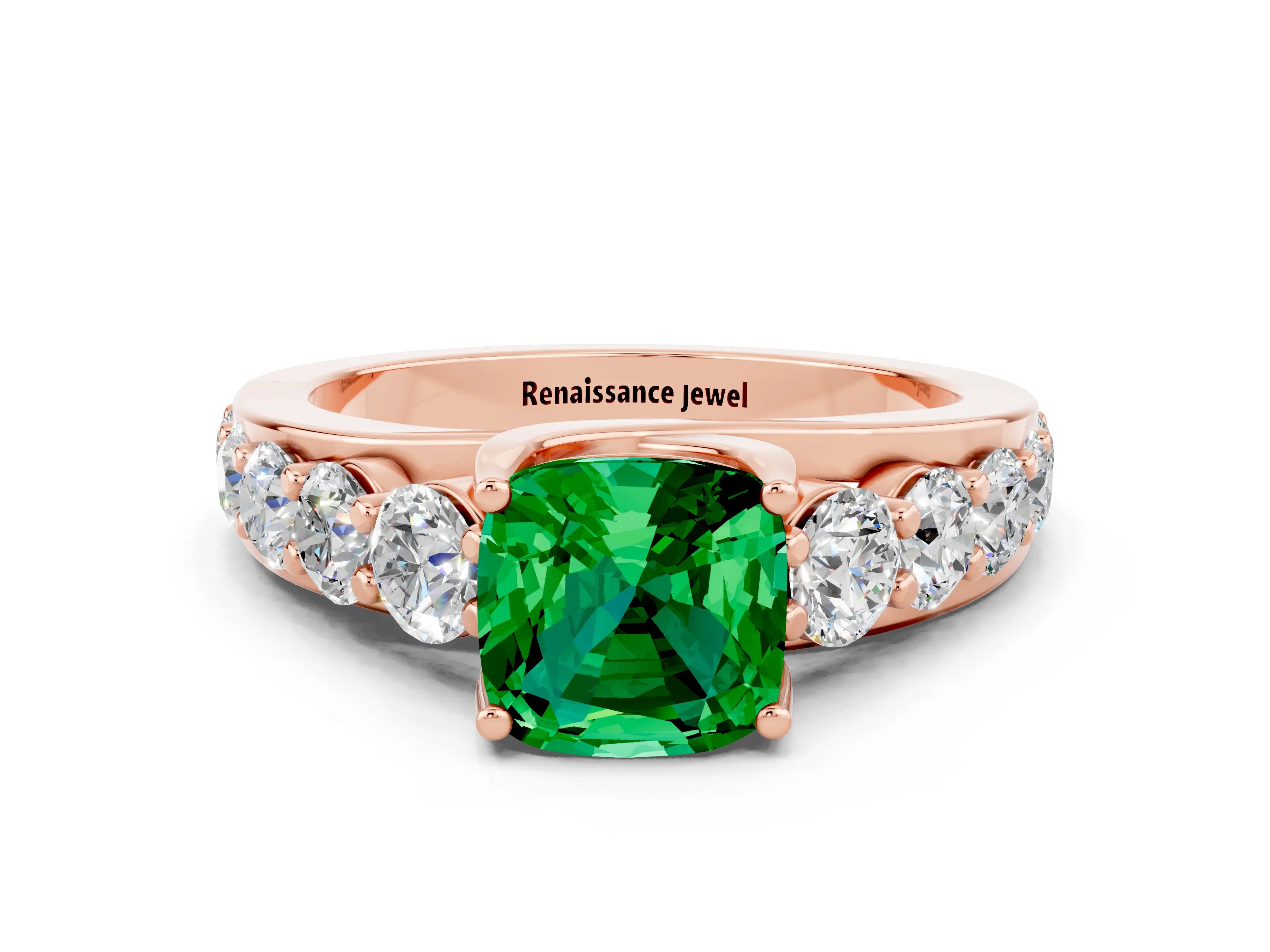 Rose gold Cushion Cut Emerald Engagement Ring with Pavé Band and Four-Prong Setting