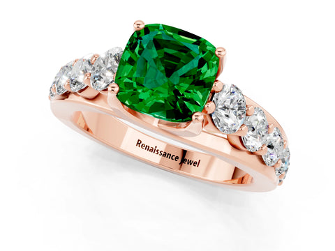 Rose gold Cushion Cut Emerald Engagement Ring with Pavé Band and Four-Prong Setting_1