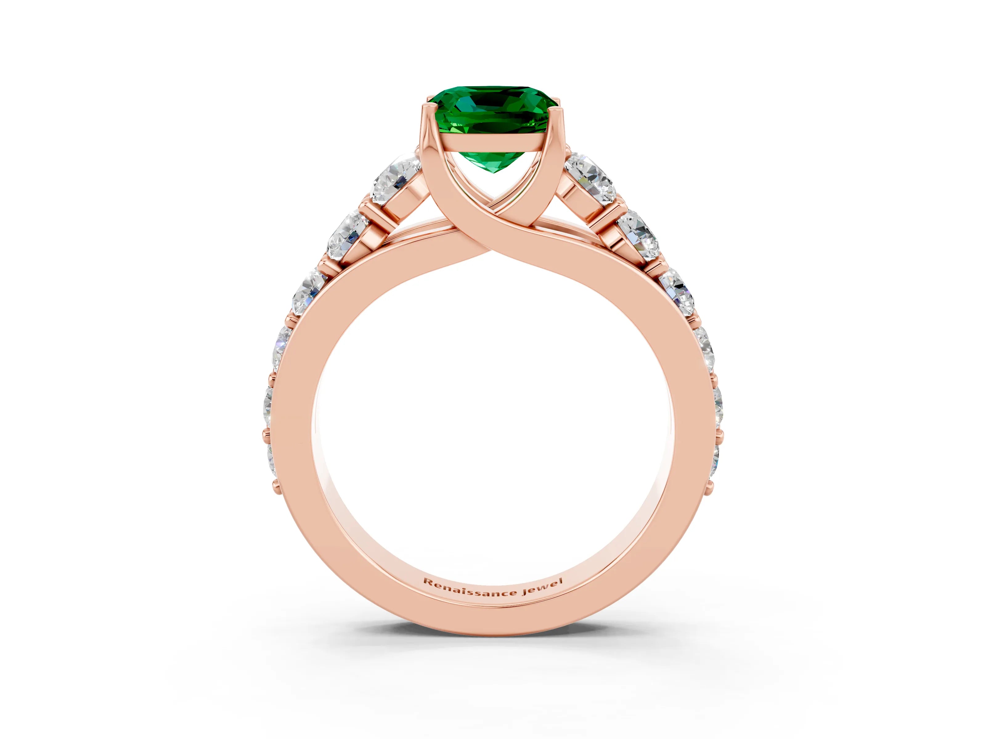 Rose gold Cushion Cut Emerald Engagement Ring with Pavé Band and Four-Prong Setting_3