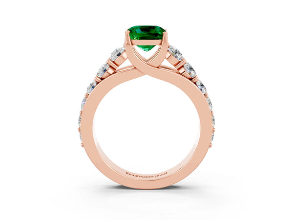 Rose gold Cushion Cut Emerald Engagement Ring with Pavé Band and Four-Prong Setting