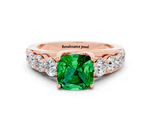 Rose gold Cushion Cut Emerald Engagement Ring with Pavé Band and Four-Prong Setting