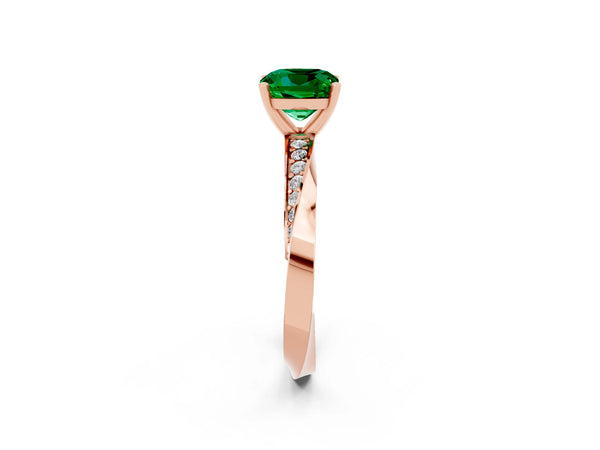 Rose gold Cushion Cut Emerald Engagement Ring with Side Stone Accents and Four-Prong Setting