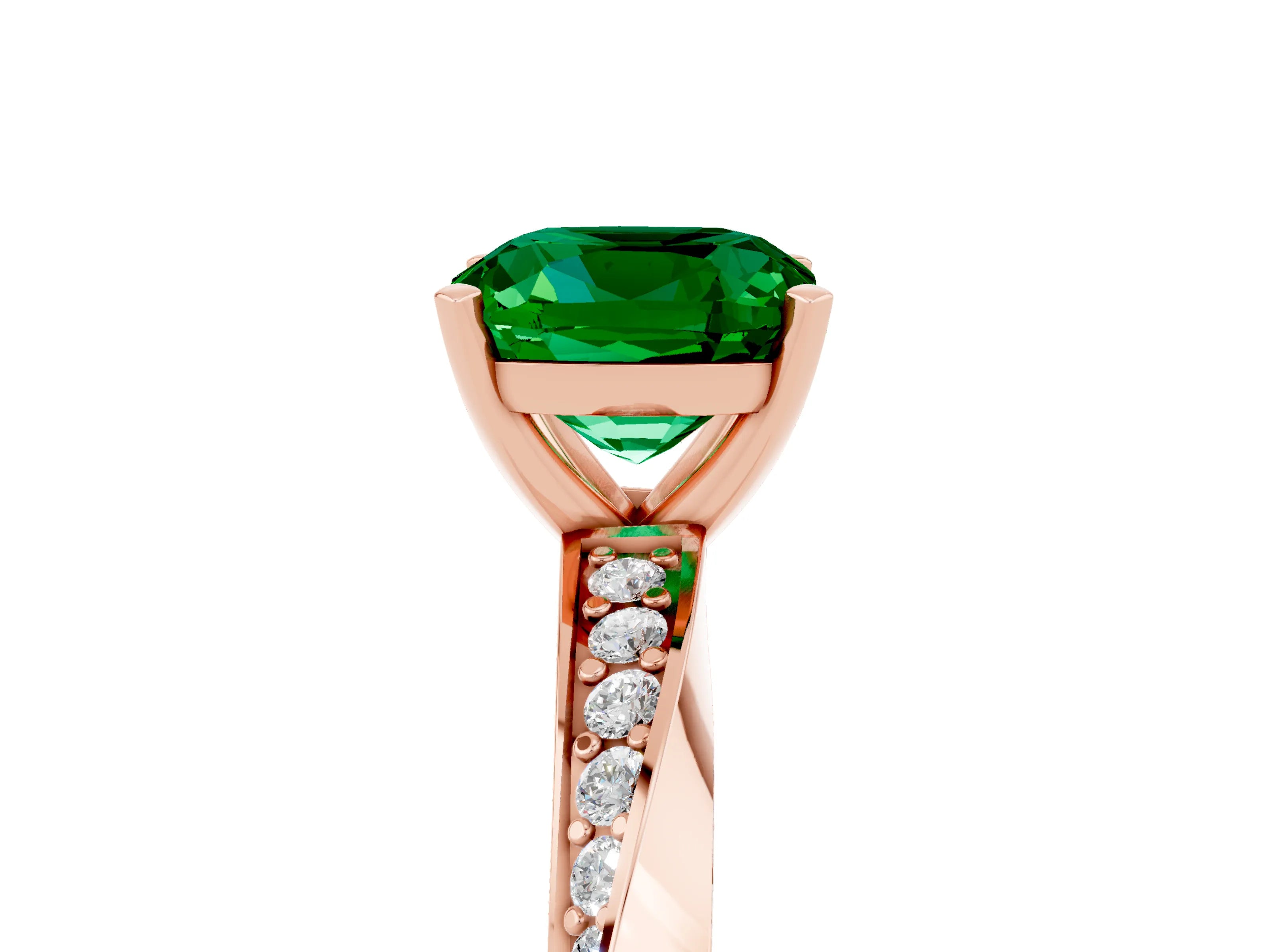 Rose gold Cushion Cut Emerald Engagement Ring with Side Stone Accents and Four-Prong Setting_44