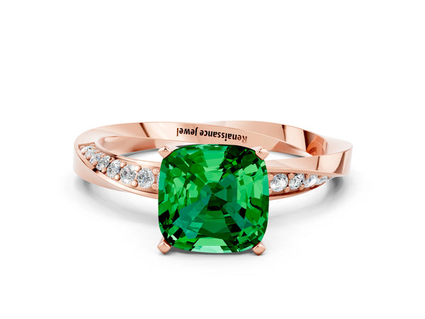 Rose gold Cushion Cut Emerald Engagement Ring with Side Stone Accents and Four-Prong Setting